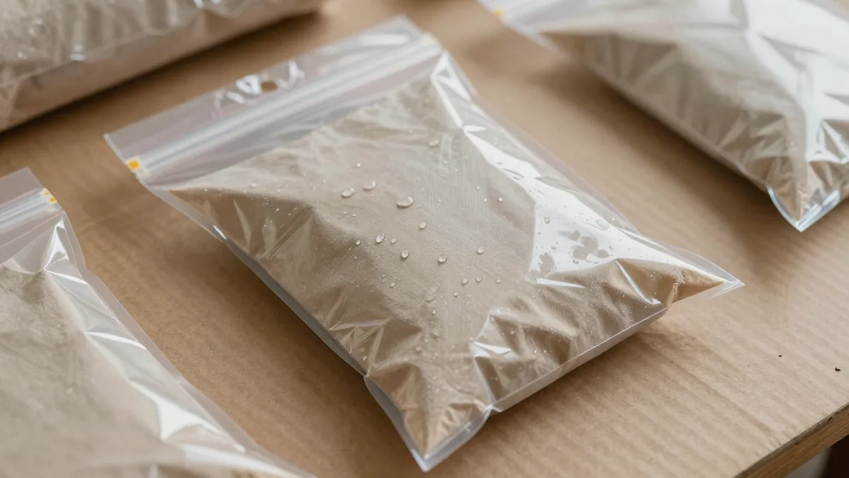 雨対策としてOPP袋を二重にした布小物の梱包クローズアップ