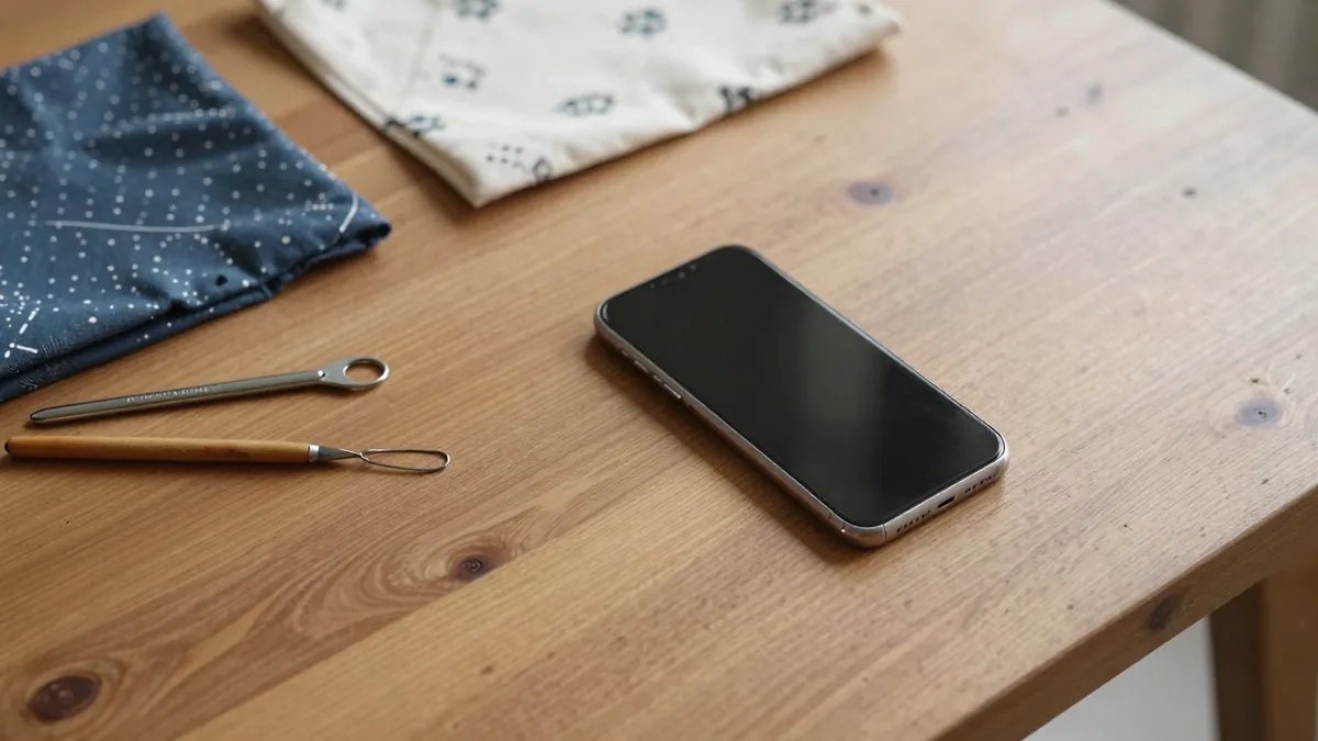 布小物と手芸道具とスマートフォンが置かれた作業机