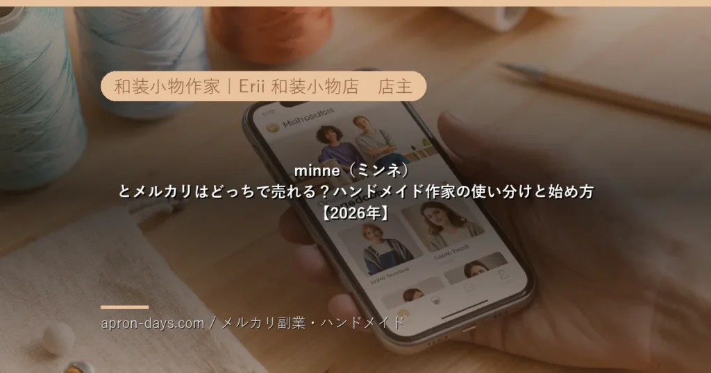 minneとメルカリの使い分けを表すハンドメイド作品とスマホの画像